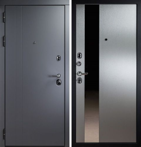 Входная дверь СТР-17 Силк Титан/Алюминий тисненый с зеркалом