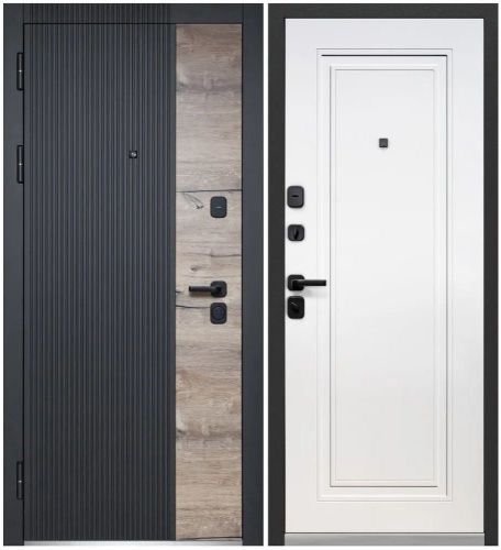 Люксор 2МДФ Дуб Вертикаль НЕО Канадский дуб пацифик, Сатин черный - Эмалит белый